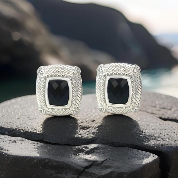 Judith Ripka Estate Onyx Omega Back Earrings Sterling Silver 14 Grams JR1 - Picture 6 of 14